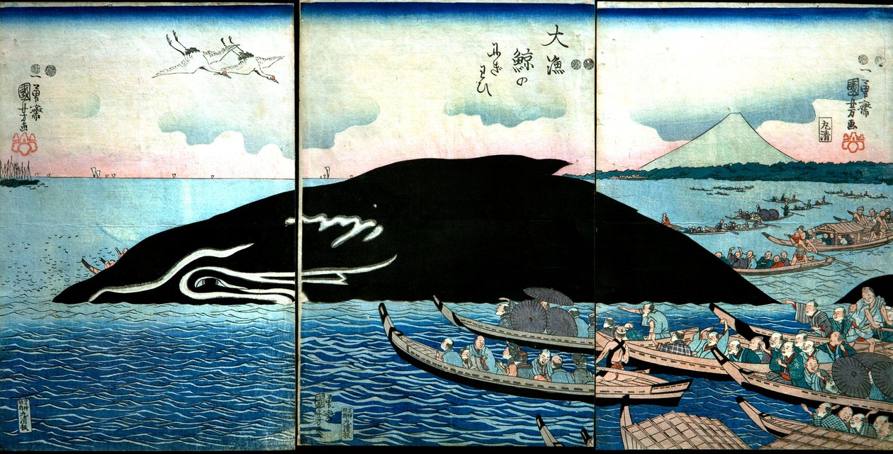 Tłum ludzi wokół schwytanego wieloryba autorstwa Utagawa Kuniyoshi