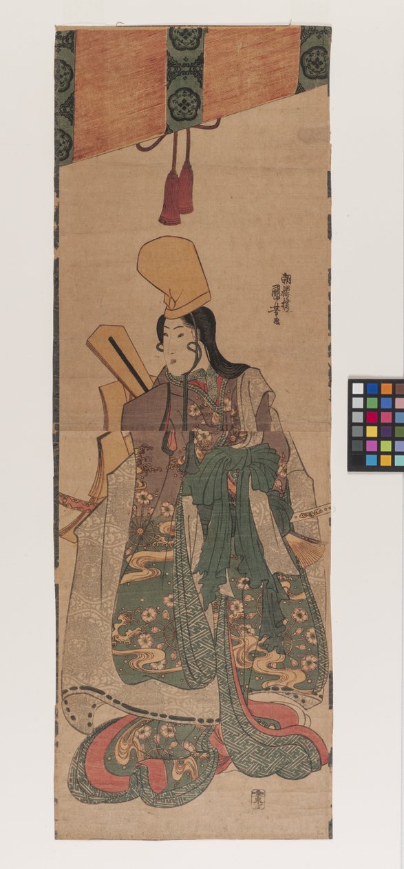 Bez tytułu; podany tytuł: Shirabyōshi Beneath Sudare (Sudare shita no shirabyōshi), ok. 1840 (kolorowy drzeworyt) autorstwa Utagawa Kuniyoshi