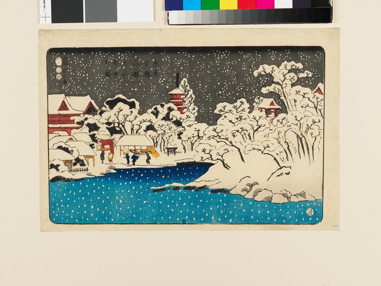 Widok śniegu na wzgórzu Benten, świątynia Kinryūzan autorstwa Utagawa Kuniyoshi