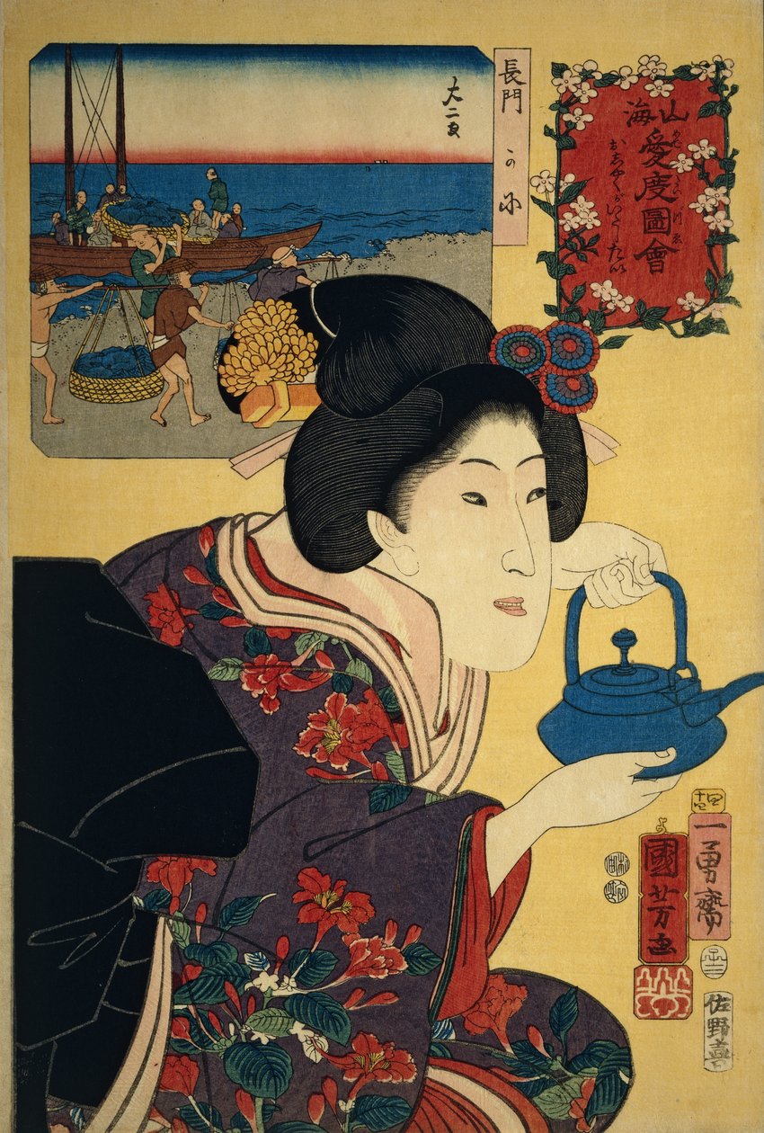 Kelnerka z czajnikiem sake, z plażą Nagato przedstawioną na zdjęciu w tle autorstwa Utagawa Kuniyoshi
