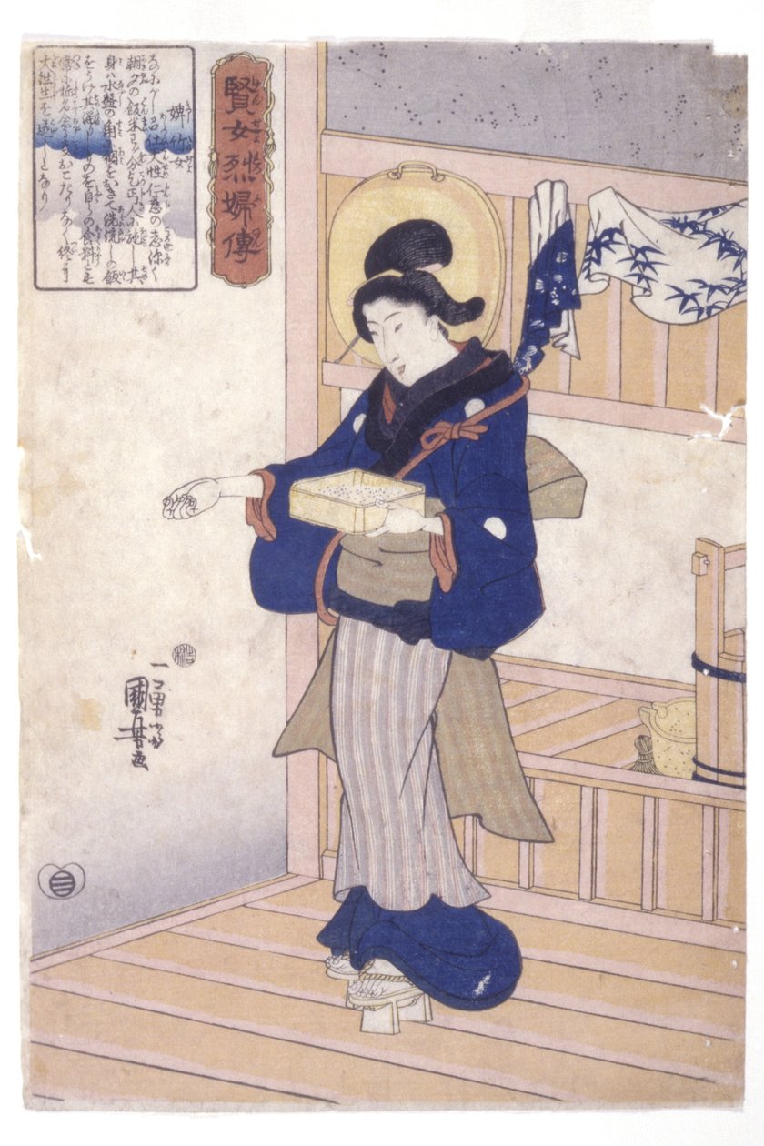 Kobieta z pudełkiem nasion (drzeworyt kolorowy) autorstwa Utagawa Kuniyoshi