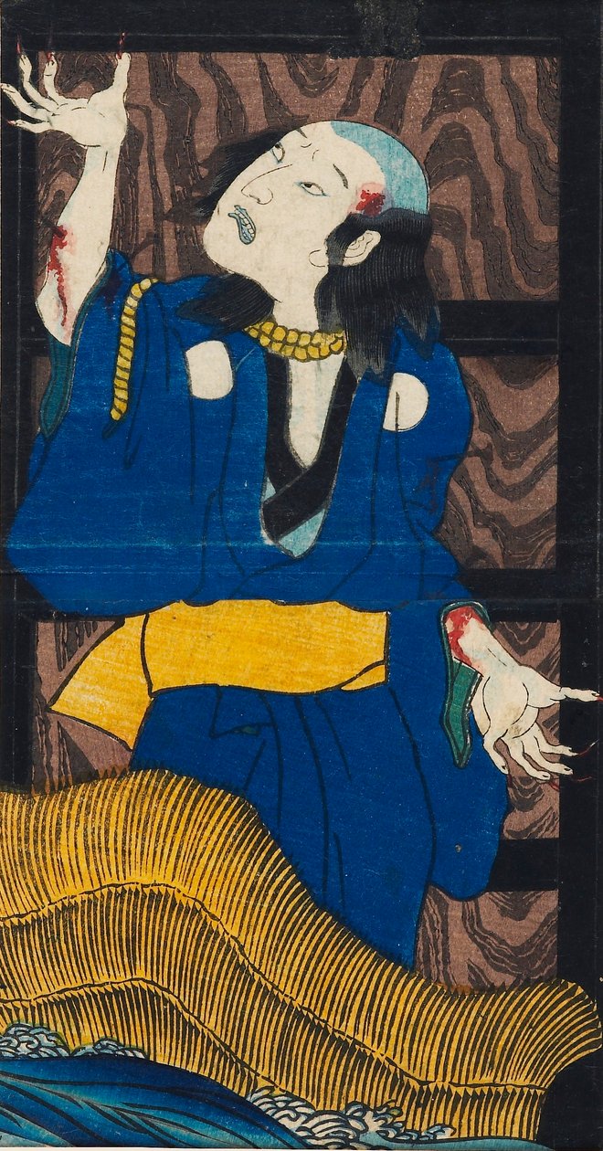 Drzeworyt - scena ze sztuki Yotsu-ya kaidan Historia Oiwy i Tamiya Iemon autorstwa Utagawa Kuniyoshi