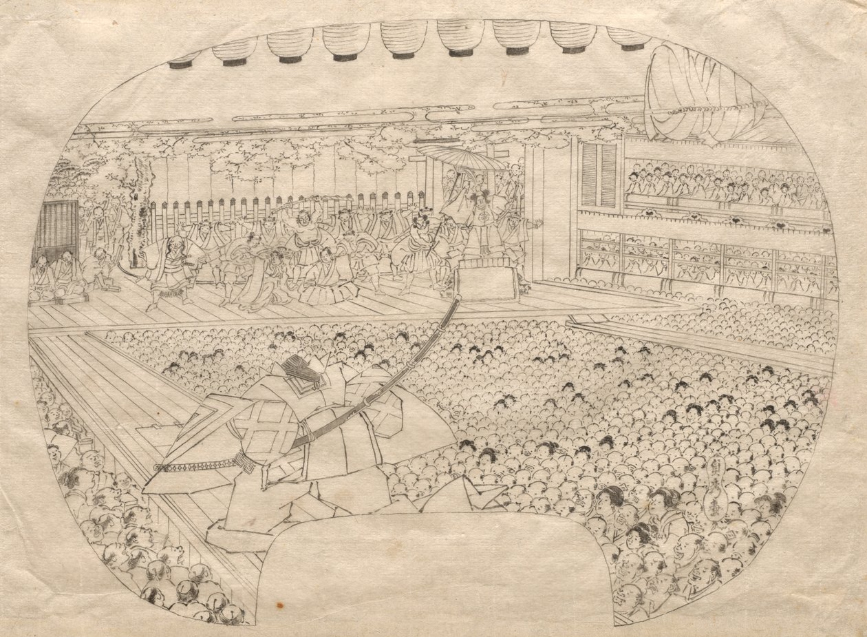 Projekt nadruku w kształcie wachlarza Teatru Kabuki autorstwa Utagawa Sadahide