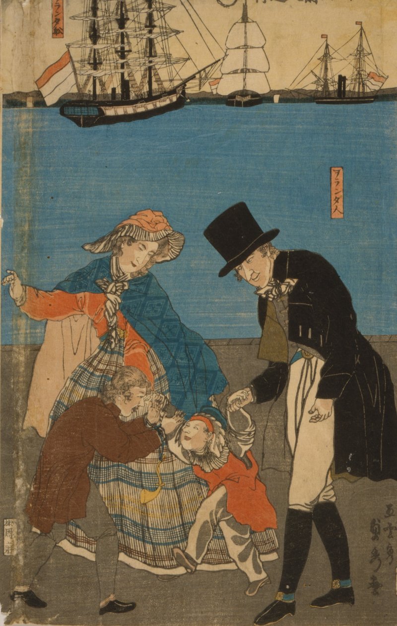 Holendrzy na niedzielnym spacerze w Jokohamie, 1871 r. autorstwa Utagawa Sadahide