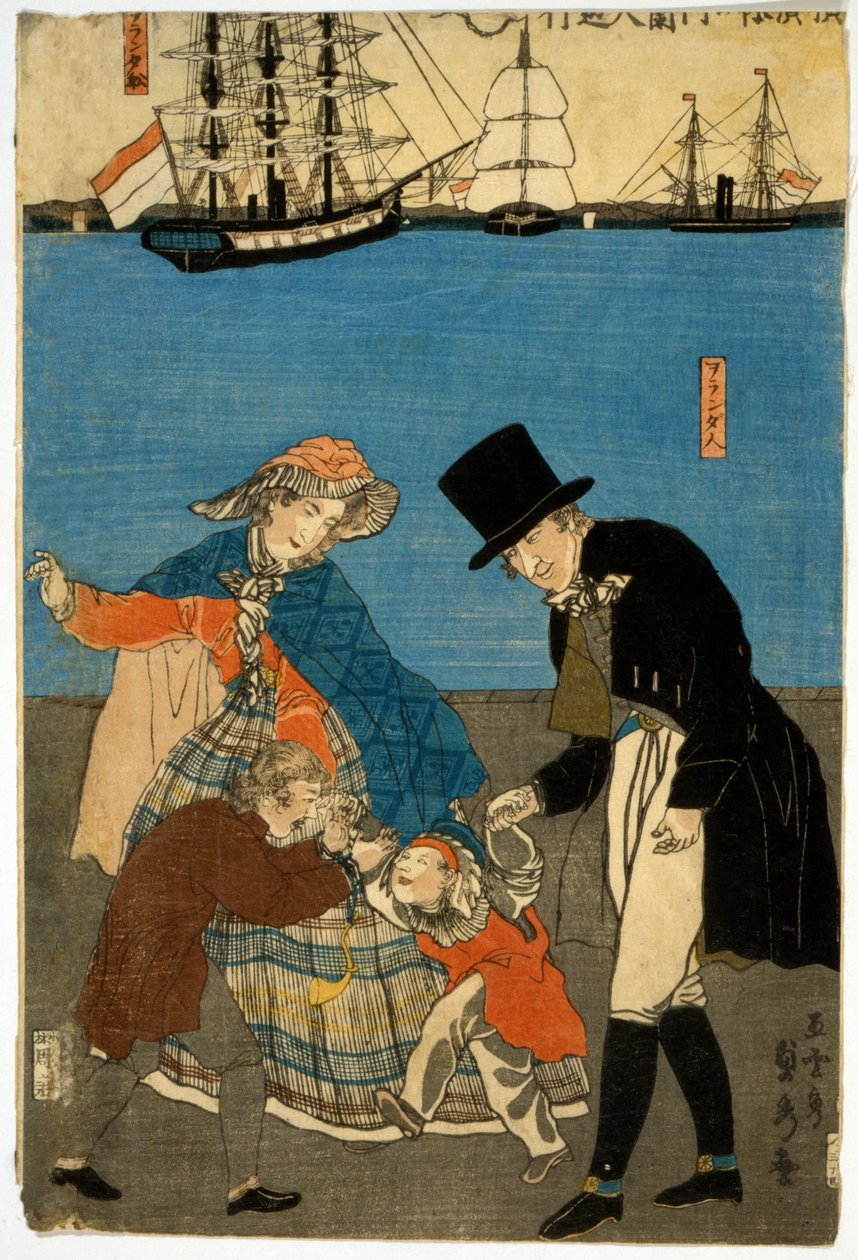 Europejczycy na spacerze w Jokohamie, pub. 1871 (drewno ręcznie kolorowane) autorstwa Utagawa Sadahide
