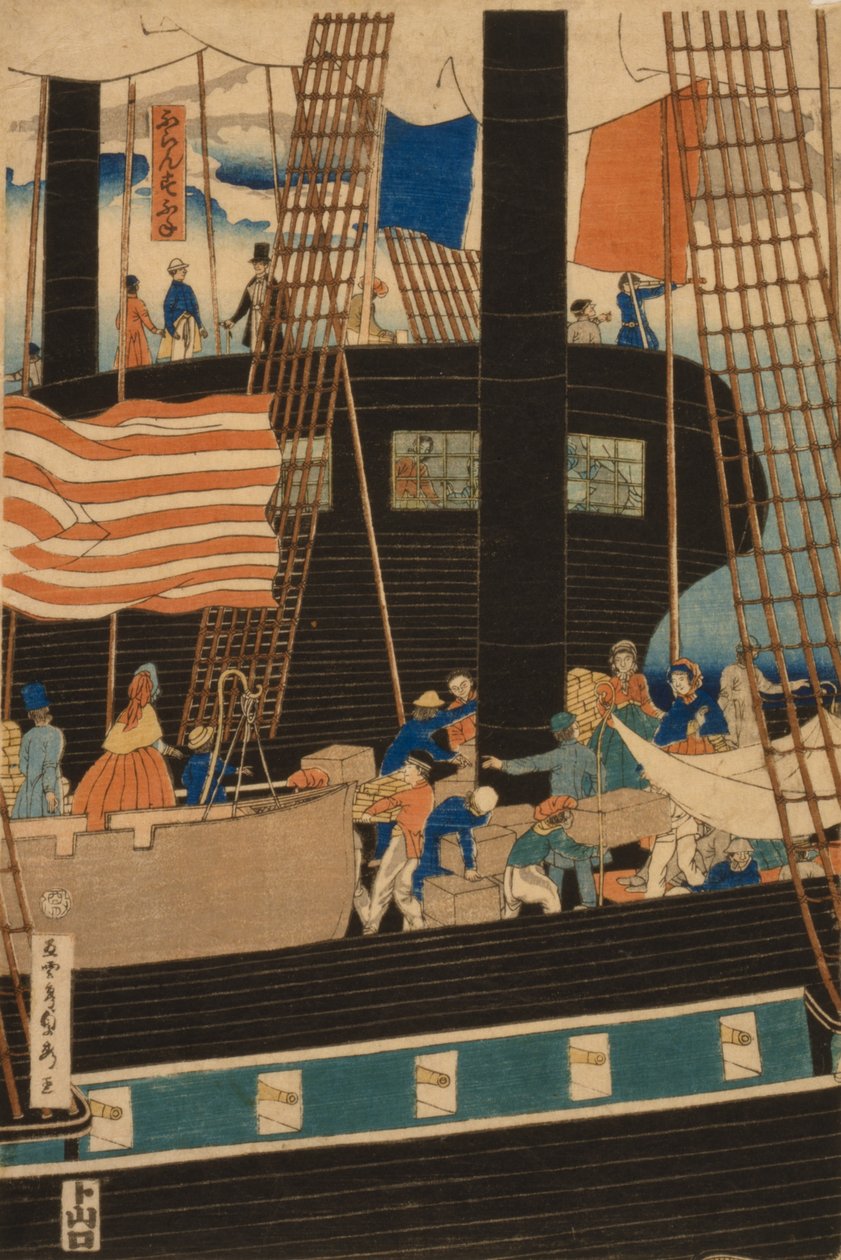 Zachodni kupcy ładujący ładunek w Jokohamie, 1861 autorstwa Utagawa Sadahide