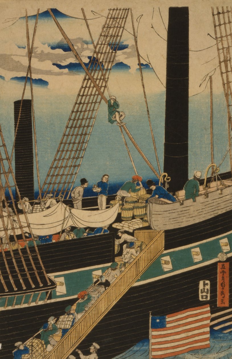 Zachodni kupcy ładujący ładunek w Jokohamie, 1861 autorstwa Utagawa Sadahide