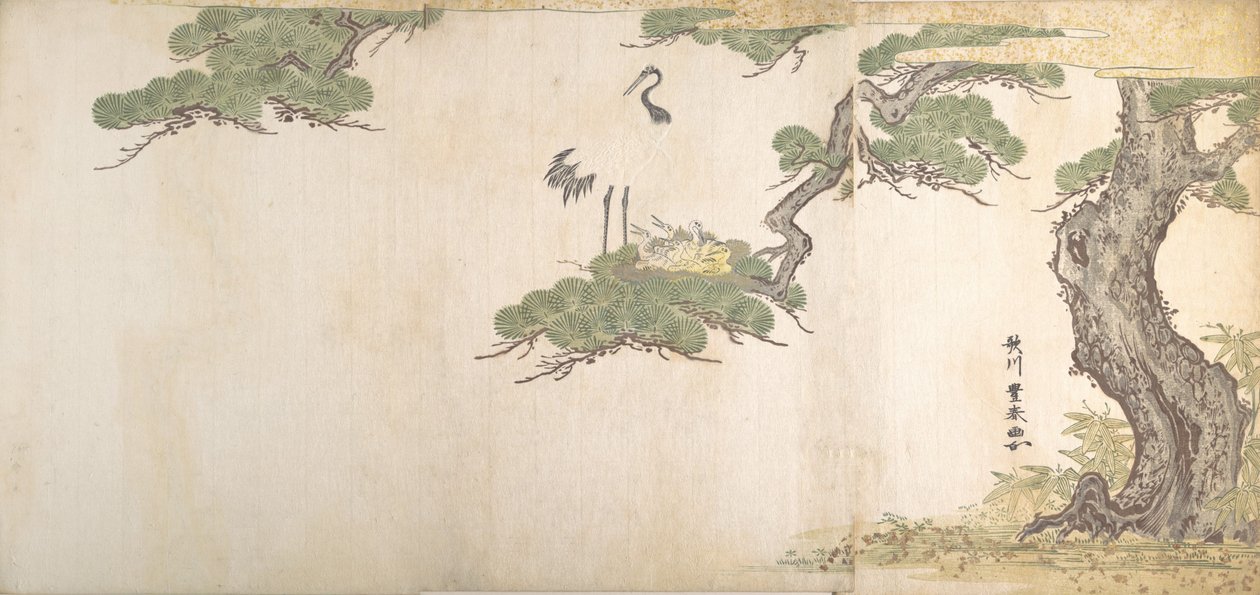 Żuraw i ich potomstwo w gnieździe na konarach sosny, ca. 1790. autorstwa Utagawa Toyoharu