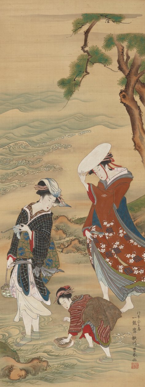 Dwie kobiety i dziewczyna na brzegu morza, 1735-1814. autorstwa Utagawa Toyoharu
