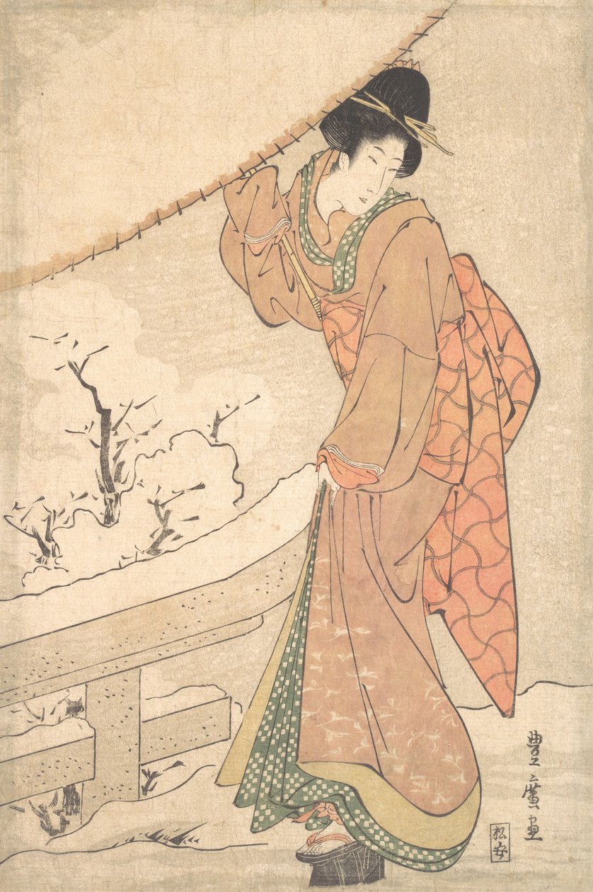 Młoda kobieta podczas burzy śnieżnej niosąca mocno zaśnieżony parasol, ok. godz. 1802.. autorstwa Utagawa Toyohiro