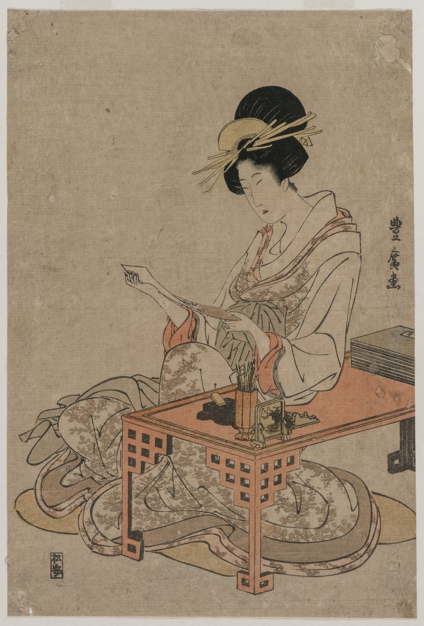 Kurtyzana siedząca przy stole do pisania, ok. godz. koniec lat 90. XVIII wieku. autorstwa Utagawa Toyohiro