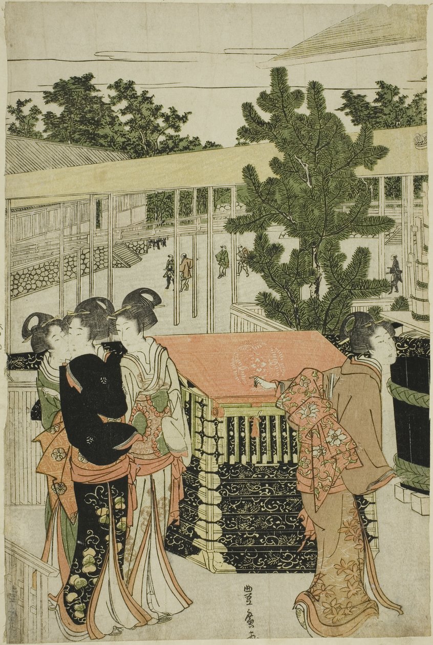 Noworoczna pielgrzymka do świątyni Myohoji w Horinouchi (Horinouchi Myohoji eho mairi no zu) autorstwa Utagawa Toyohiro