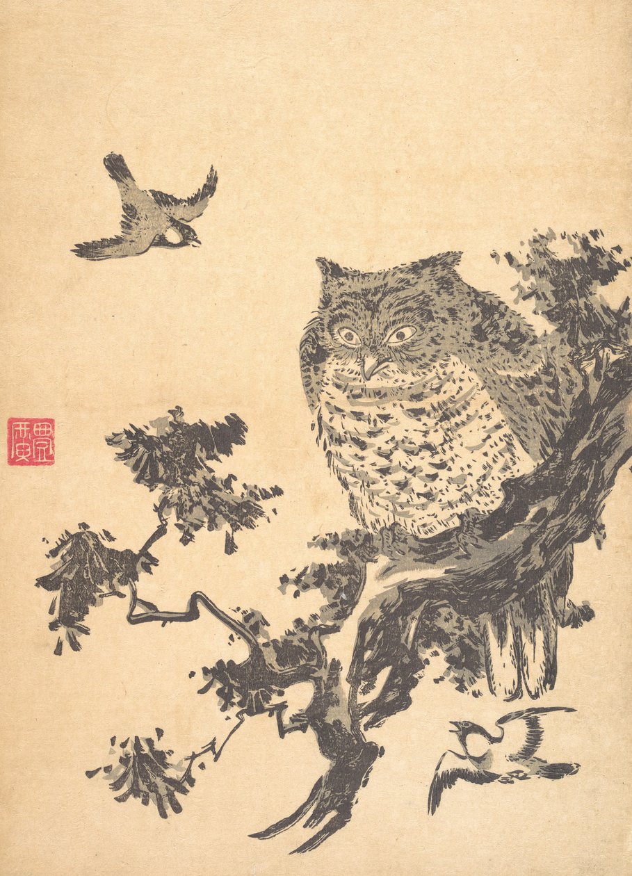 Sowa i dwie jaskółki. autorstwa Utagawa Toyohiro