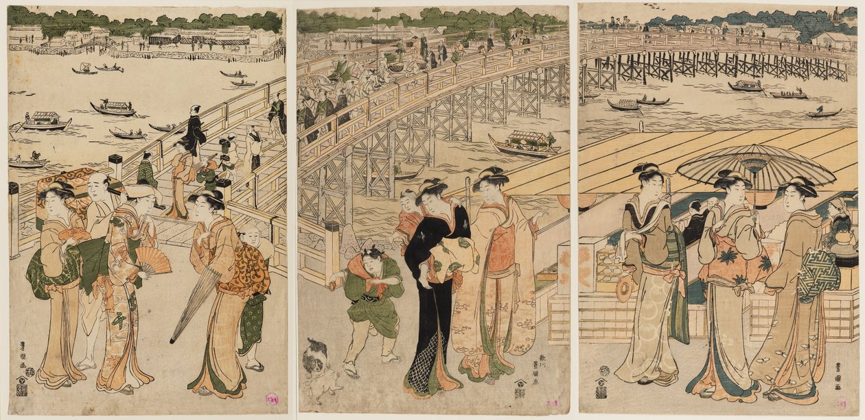 Most Ryōgoku z postaciami na pierwszym planie autorstwa Utagawa Toyohiro