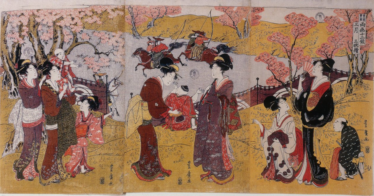 Trzeci miesiąc, Tryptyk z cyklu Dwanaście miesięcy dwóch artystów, 1801 autorstwa Utagawa Toyohiro