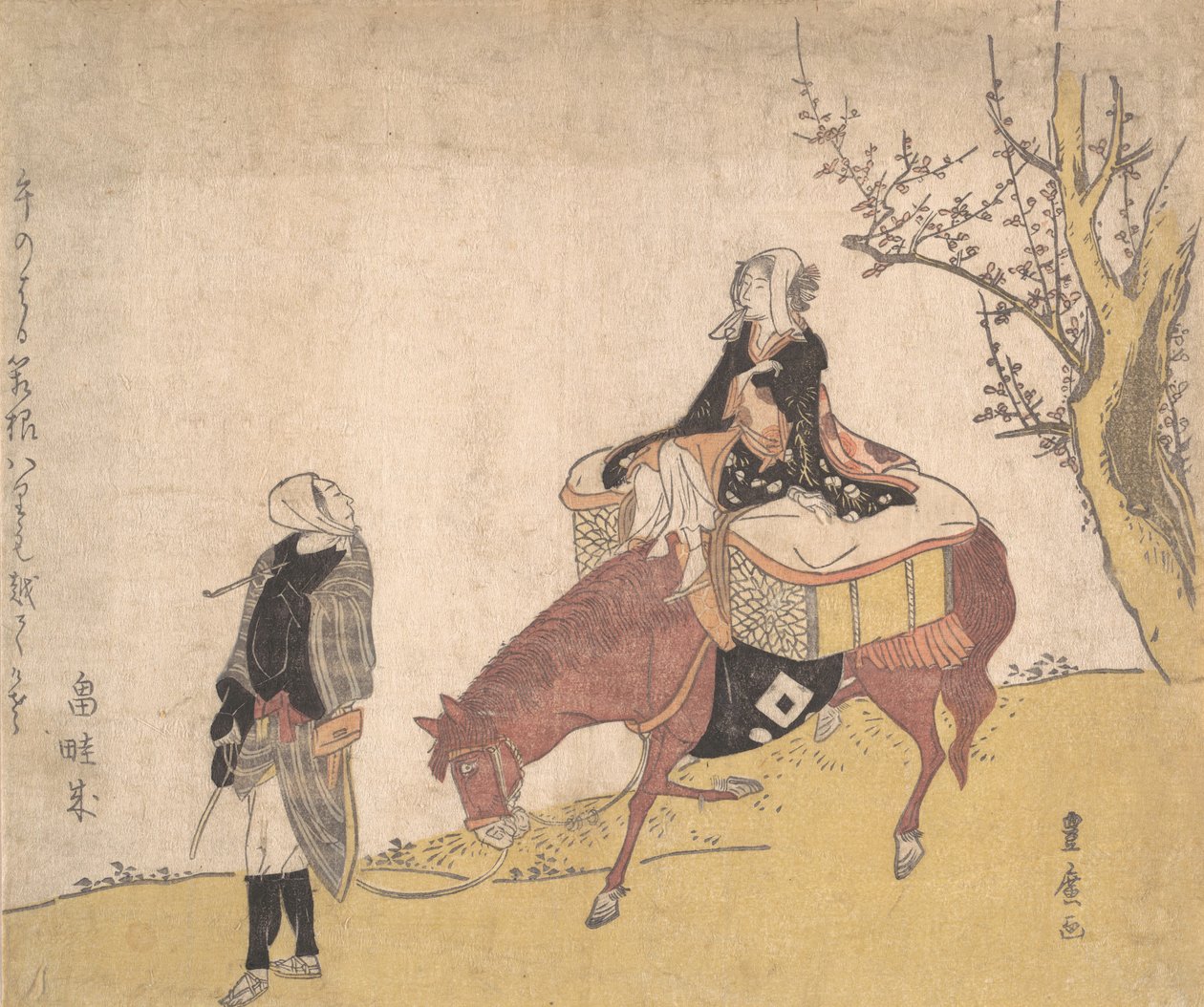 Wersja Legend of Michizane: kobieta na koniu, którą prowadzi mężczyzna. autorstwa Utagawa Toyohiro