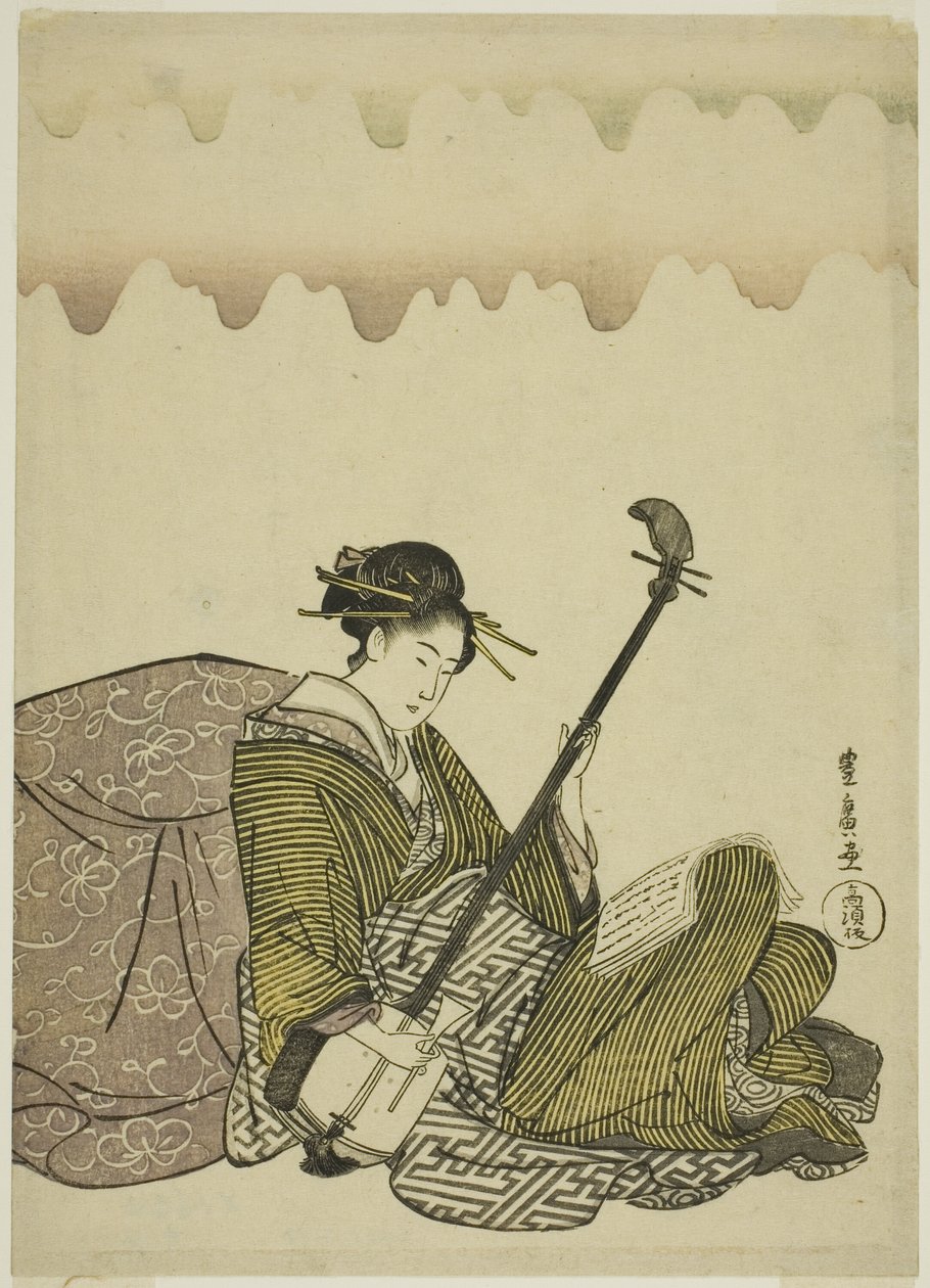 Kobieta grająca w shamisen, z serii bez tytułu o kobietach w czasie wolnym autorstwa Utagawa Toyohiro