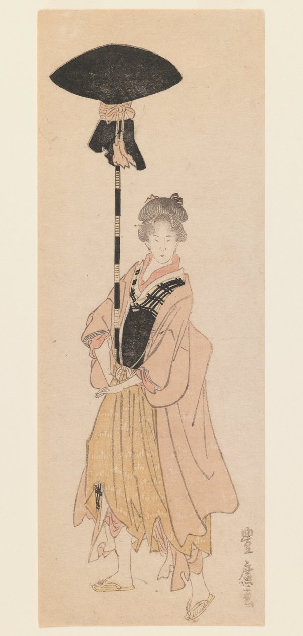 Młoda kobieta niesie zdobiony słup na procesję, ok. 1805-6 (drewnodruk, wąski nadruk w stylu koban tate-e surimono) autorstwa Utagawa Toyohiro