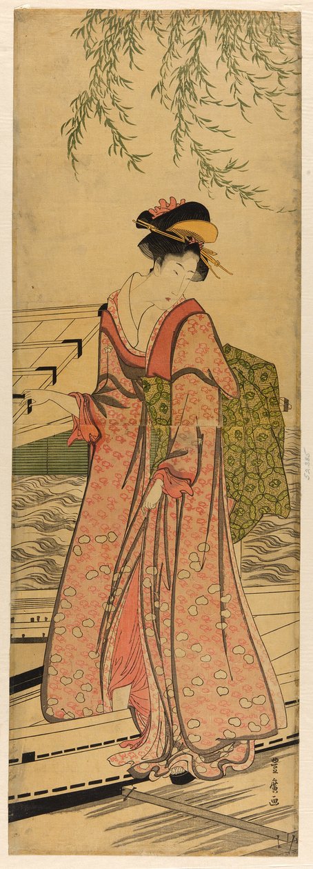 Młoda kobieta wychodząca z łodzi autorstwa Utagawa Toyohiro