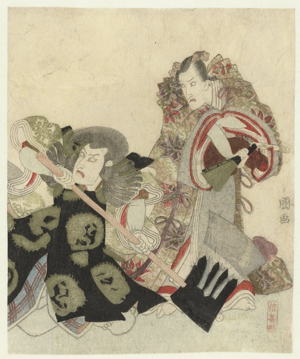 Ichikawa Danjûrô VII jako Yoshimune no Munesada z wentylatorem i Ichikawa Omezô w roli Sekibei z siekierą autorstwa Utagawa Toyokuni (I)