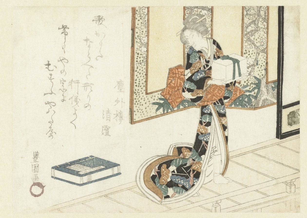 Kobieta niosąca drewniane pudełko autorstwa Utagawa Toyokuni (I)