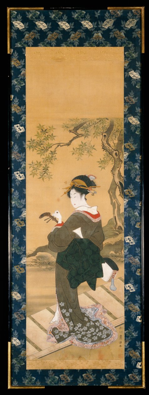 pełnometrażowy portret kobiety strojącej shamisen na werandzie (sumi, gofun i kolor na jedwabiu); autorstwa Utagawa Toyokuni