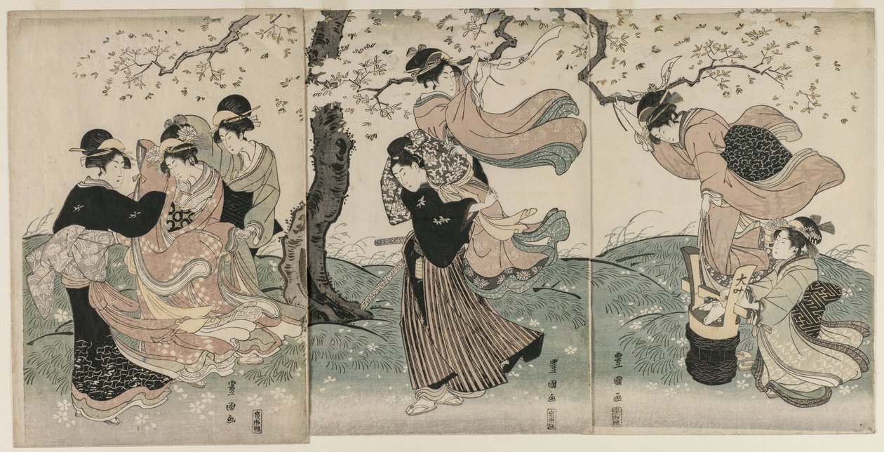 Wiśniowe kwiaty na wietrze autorstwa Utagawa Toyokuni