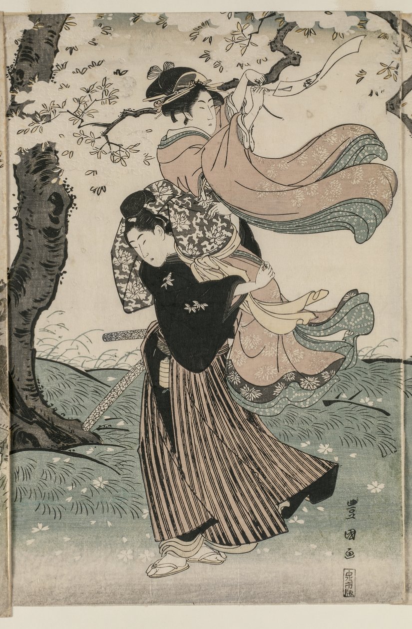 Kwiaty wiśni na wietrze autorstwa Utagawa Toyokuni