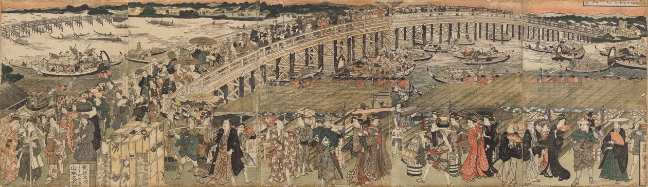 Ochłodzenie się na moście Ryōgoku w Edo, prezentacja Pentapty autorstwa Utagawa Toyokuni