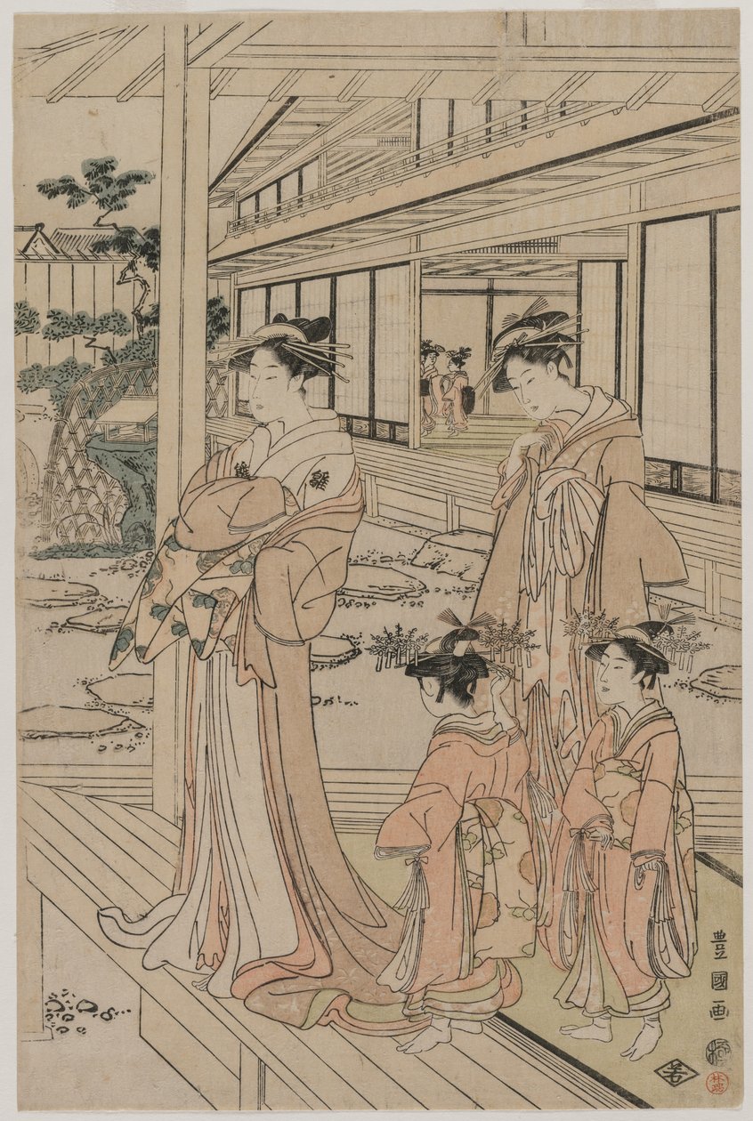 Kurtyzana stojąca na werandzie, początek lat 90. XVIII wieku. autorstwa Utagawa Toyokuni