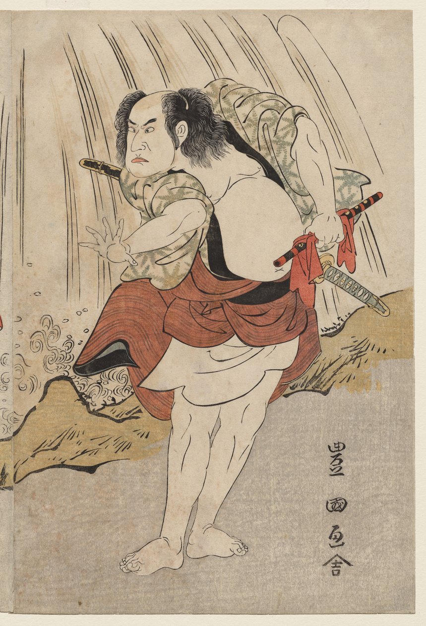 Kataoka Nizaemon VII i Ichikawa Yaozo III w konfrontacji przy wodospadzie autorstwa Utagawa Toyokuni