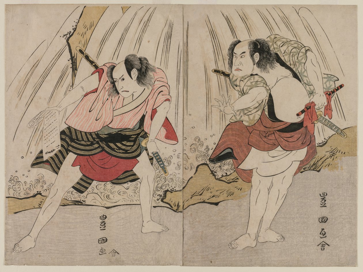 Kataoka Nizaemon VII i Ichikawa Yaozo III w starciu przy wodospadzie autorstwa Utagawa Toyokuni