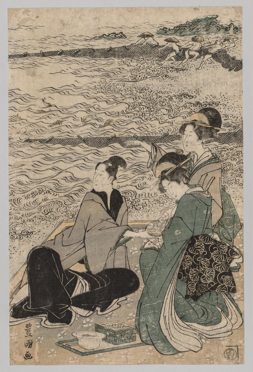 Mężczyzna i dwie kobiety na brzegu morza, 1769-1825. autorstwa Utagawa Toyokuni