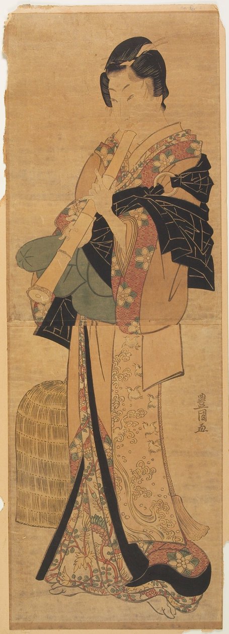 Wakashu verkleidet als bettelnder Priester, der Flöte spielt autorstwa Utagawa Toyokuni
