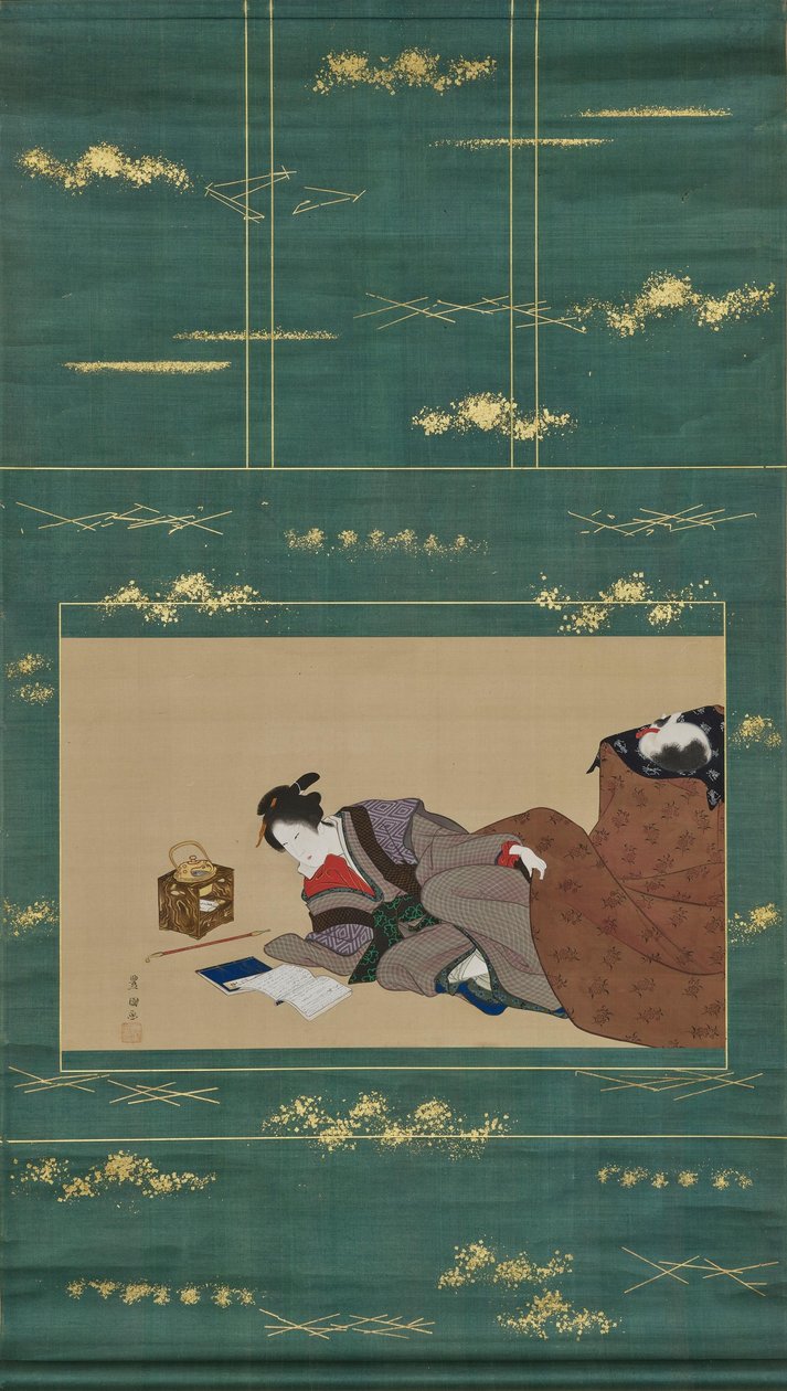 Kobieta ogrzewająca się przy „kotatsu” autorstwa Utagawa Toyokuni