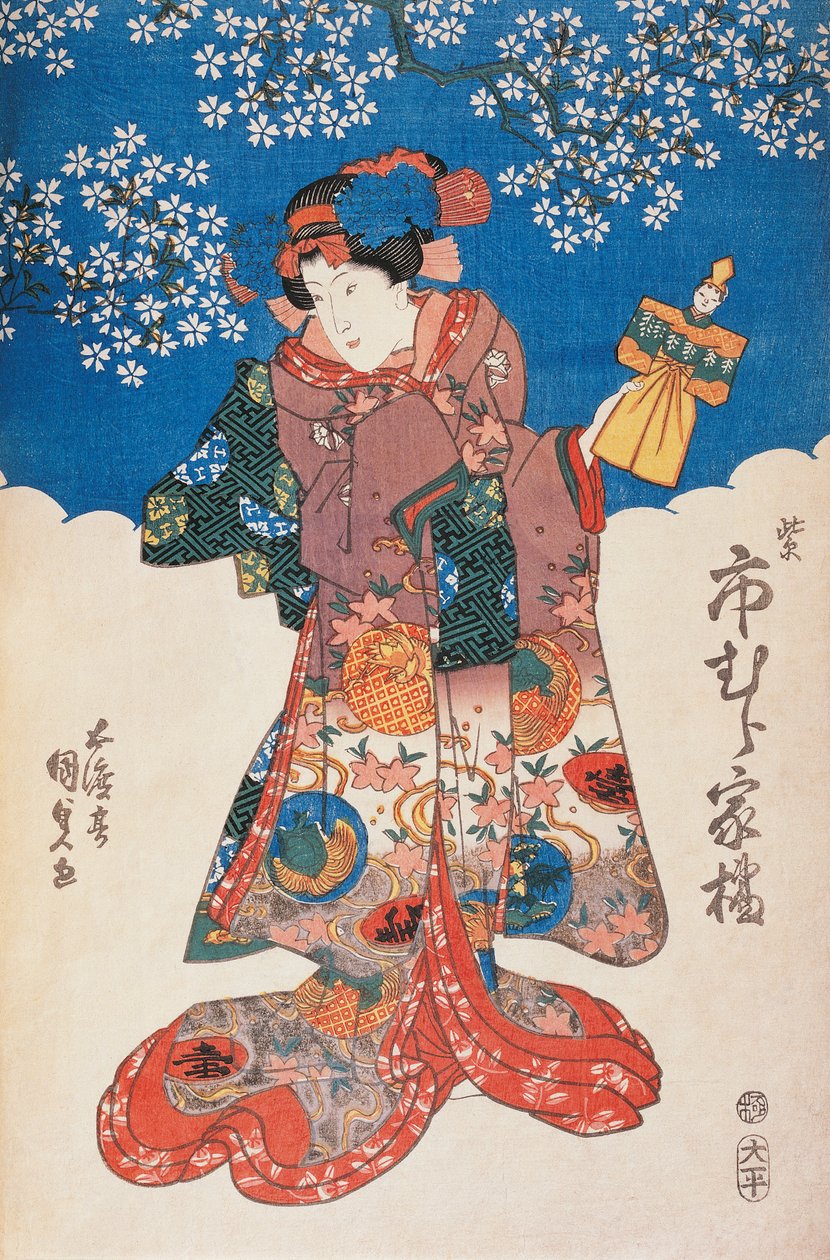 Kobieta w kimonie z lalką i tłem ozdobionym kwiatami jabłoni, Utagawa Toyokuni, drzeworyt autorstwa Utagawa Toyokuni