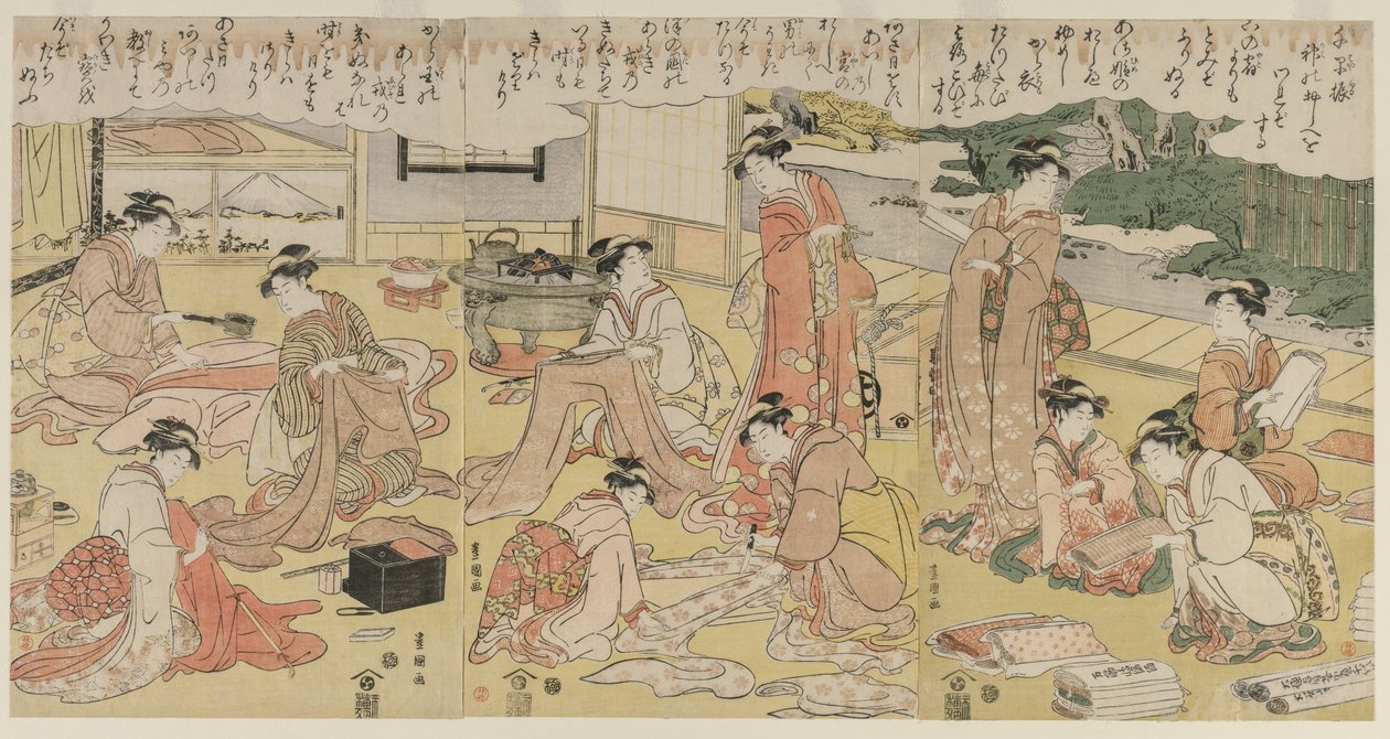 Kobiety szyjące odzież, wczesne lata 90. XVIII wieku. autorstwa Utagawa Toyokuni