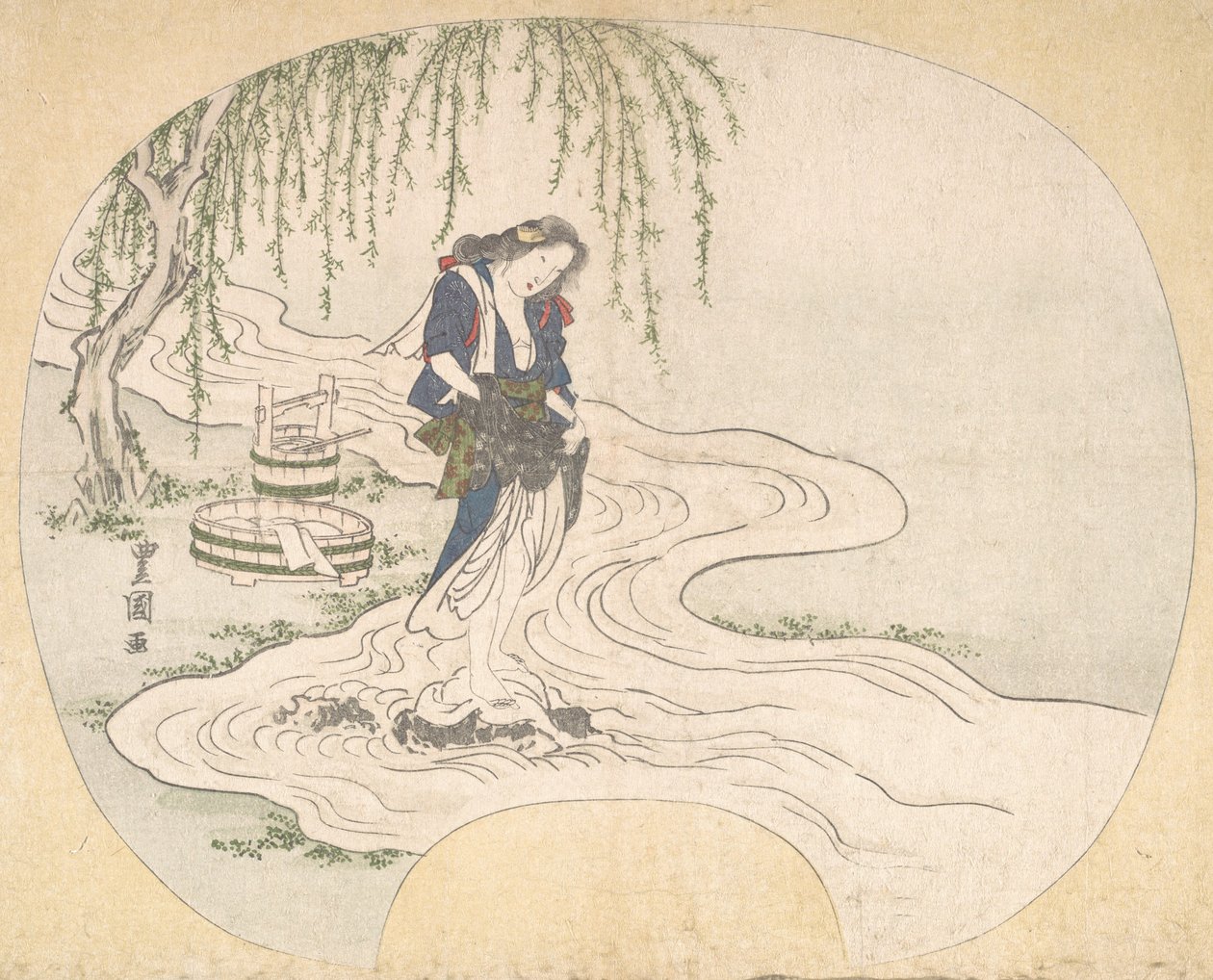 Kobieta stojąca na skale w strumieniu piorąca ubrania, ok. godz. 1828. autorstwa Utagawa Toyokuni II