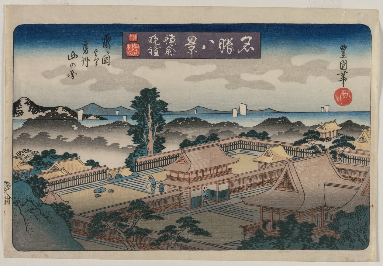 Osiem widoków znanych miejsc: Wieczorny dzwon w Kamakura: Góry w prowincji Awa..., początek 1830 r. autorstwa Utagawa Toyokuni II