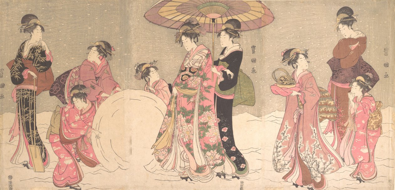 Kurtyzany i asystenci robiący gigantyczną śnieżkę, ca. 1796. autorstwa Utagawa Toyokuni I