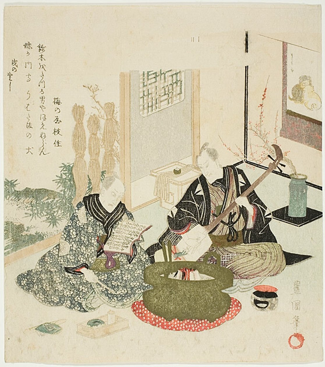Czytanie i granie na Shamisen zimą autorstwa Utagawa Toyokuni I