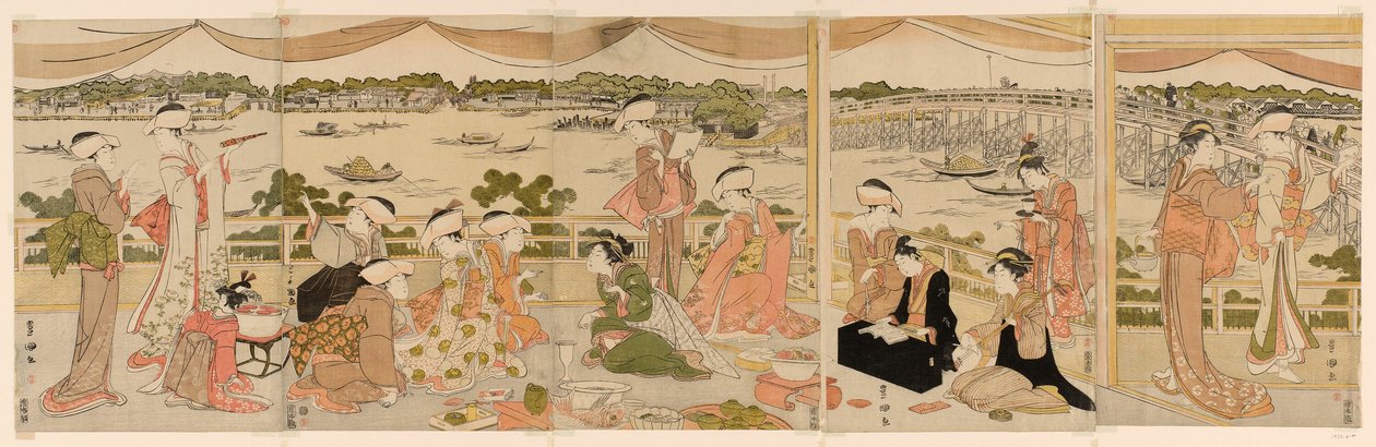 Recital na werandzie z widokiem na rzekę Sumida autorstwa Utagawa Toyokuni I