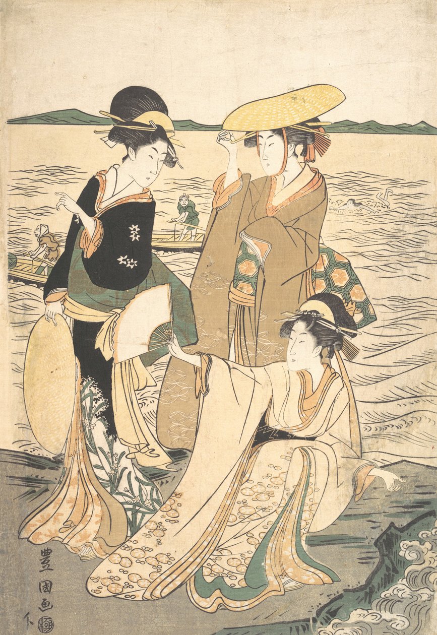 Trzy panienki nad brzegiem morza. autorstwa Utagawa Toyokuni I