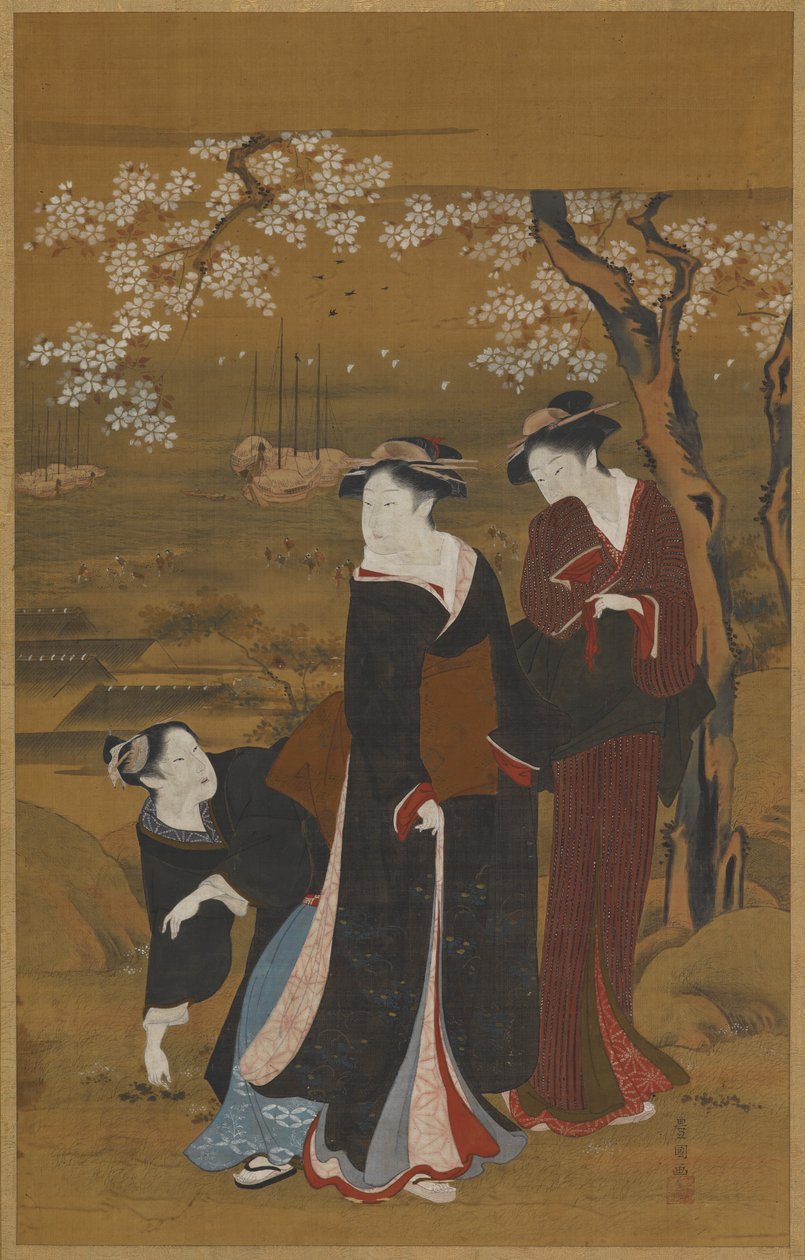 Trzy kobiety pod kwitnącą wiśnią nad brzegiem morza, 1769-1825. autorstwa Utagawa Toyokuni I