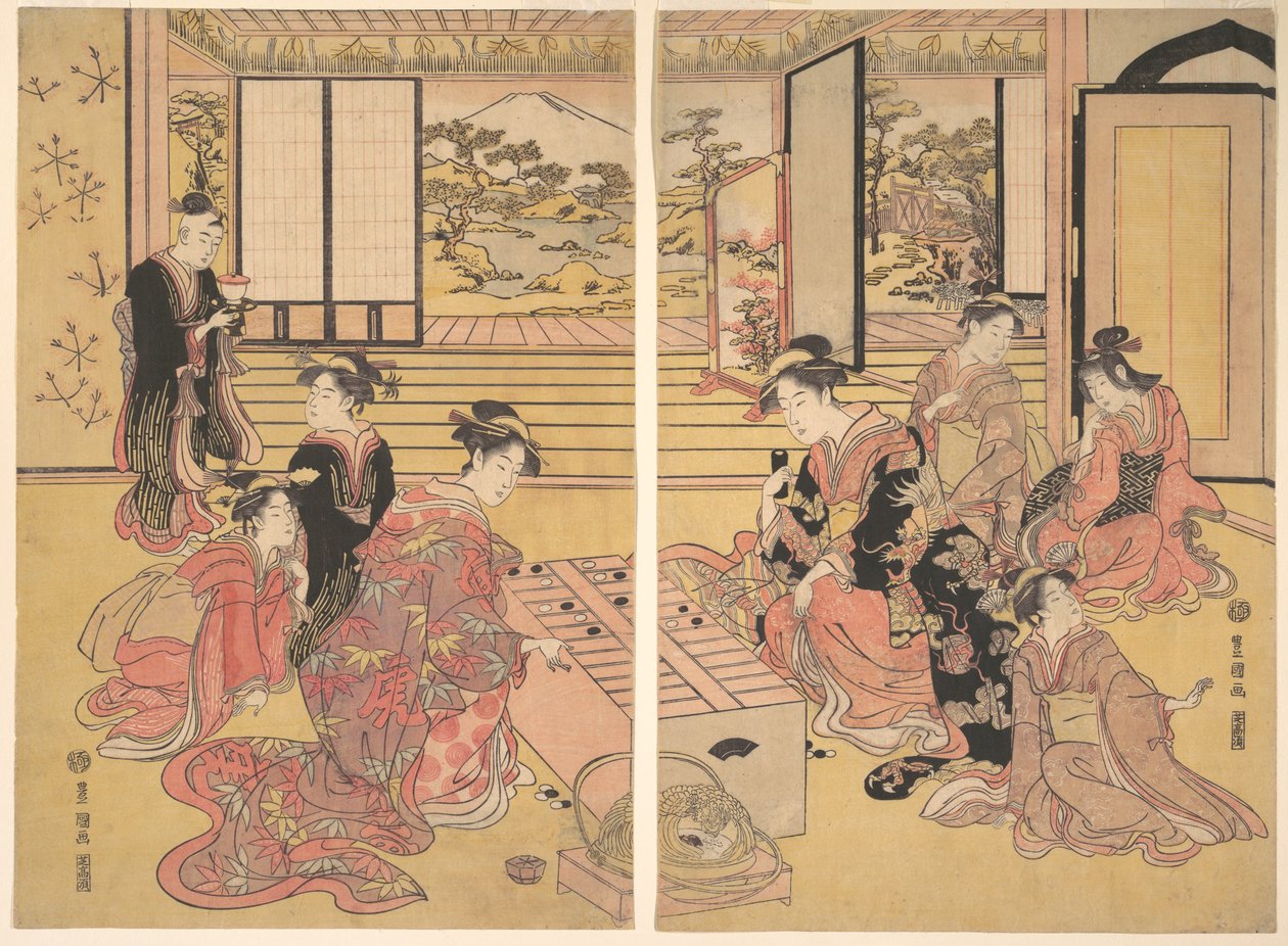 Dwie młode kobiety grające w Sugoroku. autorstwa Utagawa Toyokuni I