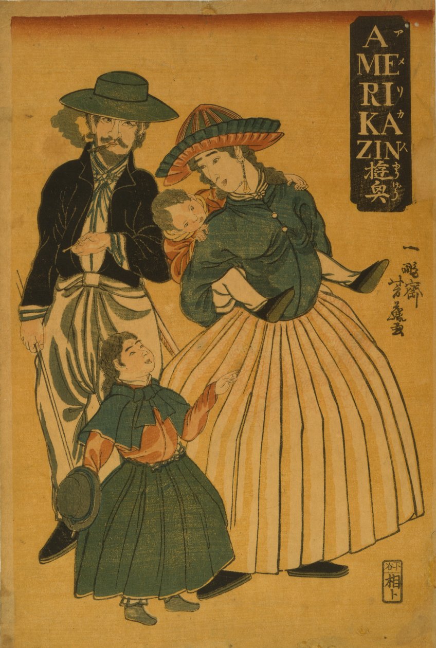Amerykańska rodzina na spacer po Jokohamie, 1861 r. autorstwa Utagawa Yoshifuji