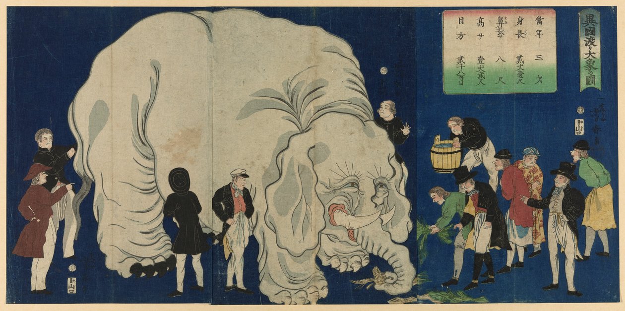 Wielki Słoń z obcej krainy (Ikoku watari dai zo no zu) autorstwa Utagawa Yoshiharu