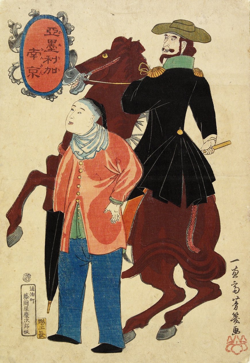 Amerykański jeździec i Chińczyk, styczeń 1861 autorstwa Utagawa Yoshiiku