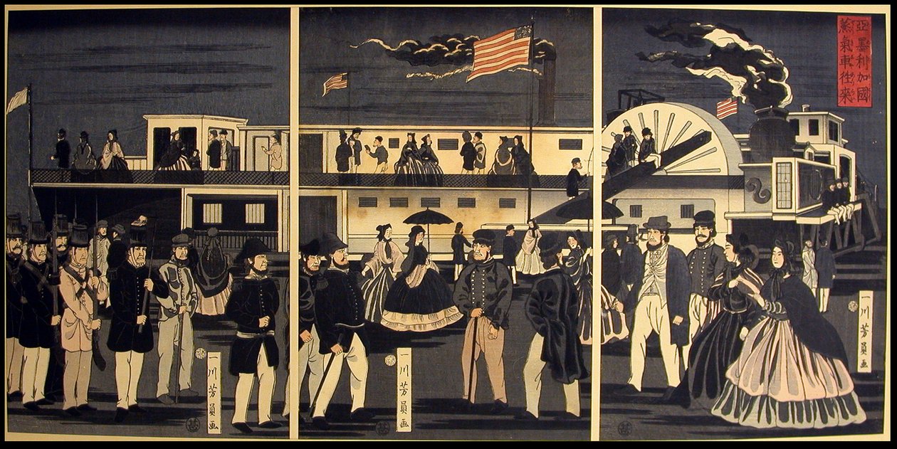 Podróż amerykańskim pociągiem parowym autorstwa Utagawa Yoshikazu