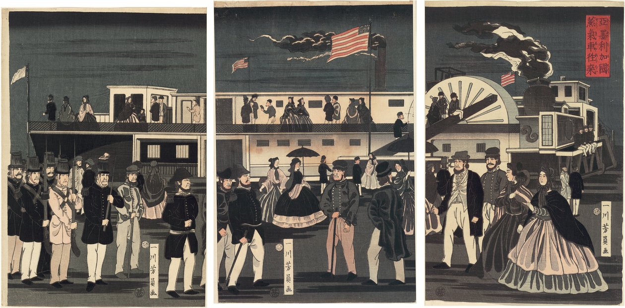 Przylot i odlot amerykańskiego parowca (Amerikakoku jokisha orai) autorstwa Utagawa Yoshikazu
